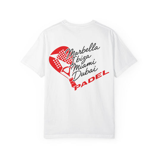 A white short-sleeve t-shirt with a graphic print on the back. The graphic features a red padel racket and a red pattern containing the words 'Marbella Ibiza Miami Dubai' in black script, with 'PADEL' written in red block letters at the bottom.