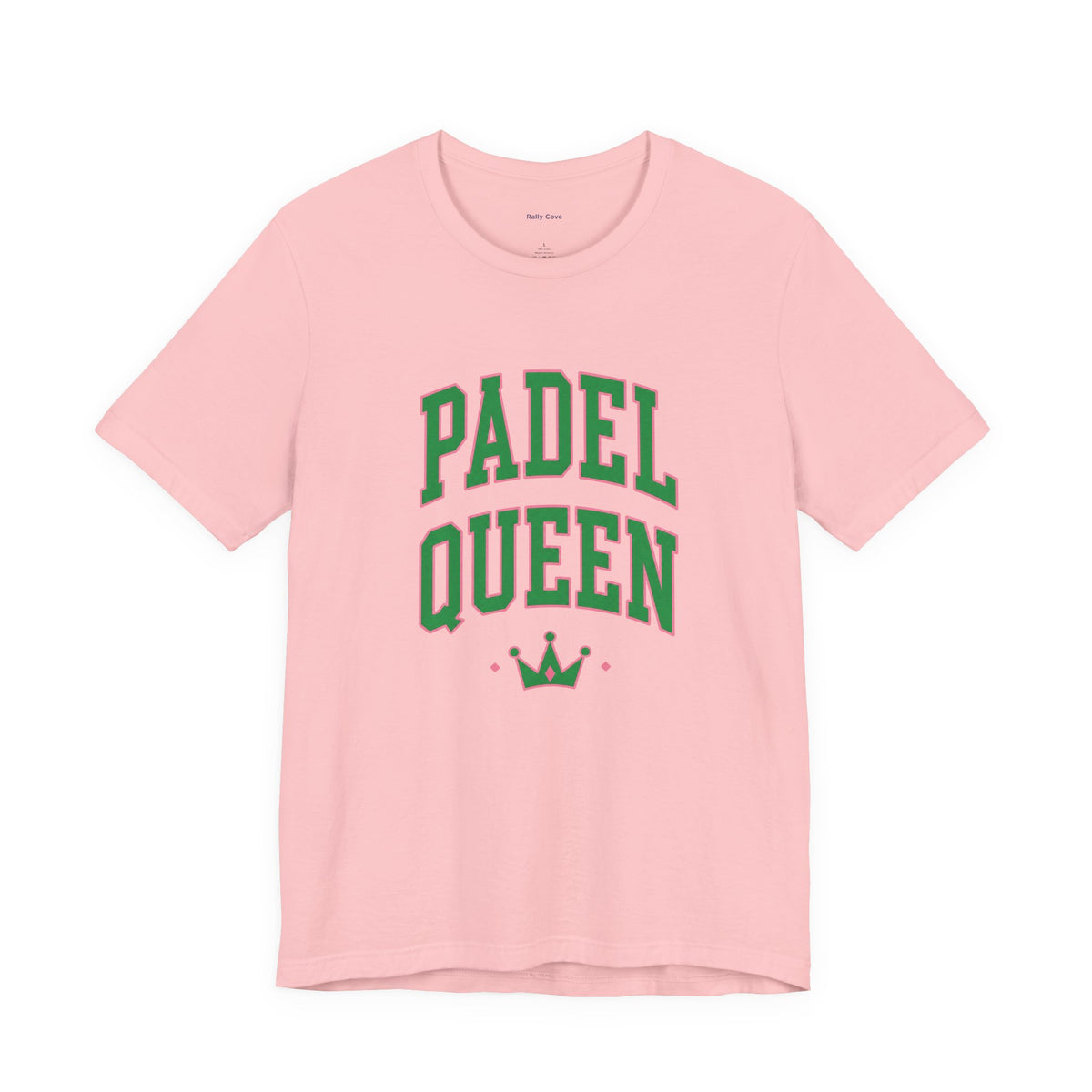 A light pink short-sleeve t-shirt with 'PADEL QUEEN' printed in green varsity-style letters and a small green crown graphic below, shown on a plain white background.