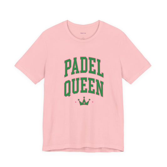 A light pink short-sleeve t-shirt with 'PADEL QUEEN' printed in green varsity-style letters and a small green crown graphic below, shown on a plain white background.