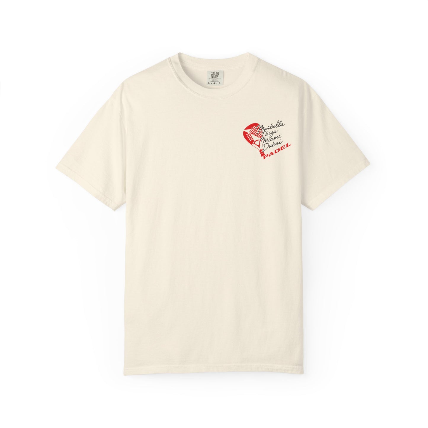 An off-white short-sleeve crewneck t-shirt with a small padel racket graphic on the left chest featuring a red design and black text that reads 'Marbella, Ibiza, Miami, Dubai, displayed on an ivory background.