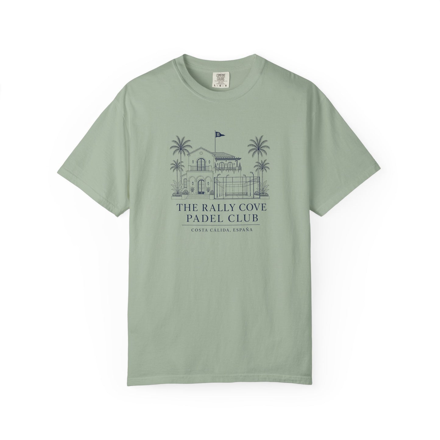Green t-shirt with a graphic of a clubhouse pavilion and text The Rally Cove Padel Club