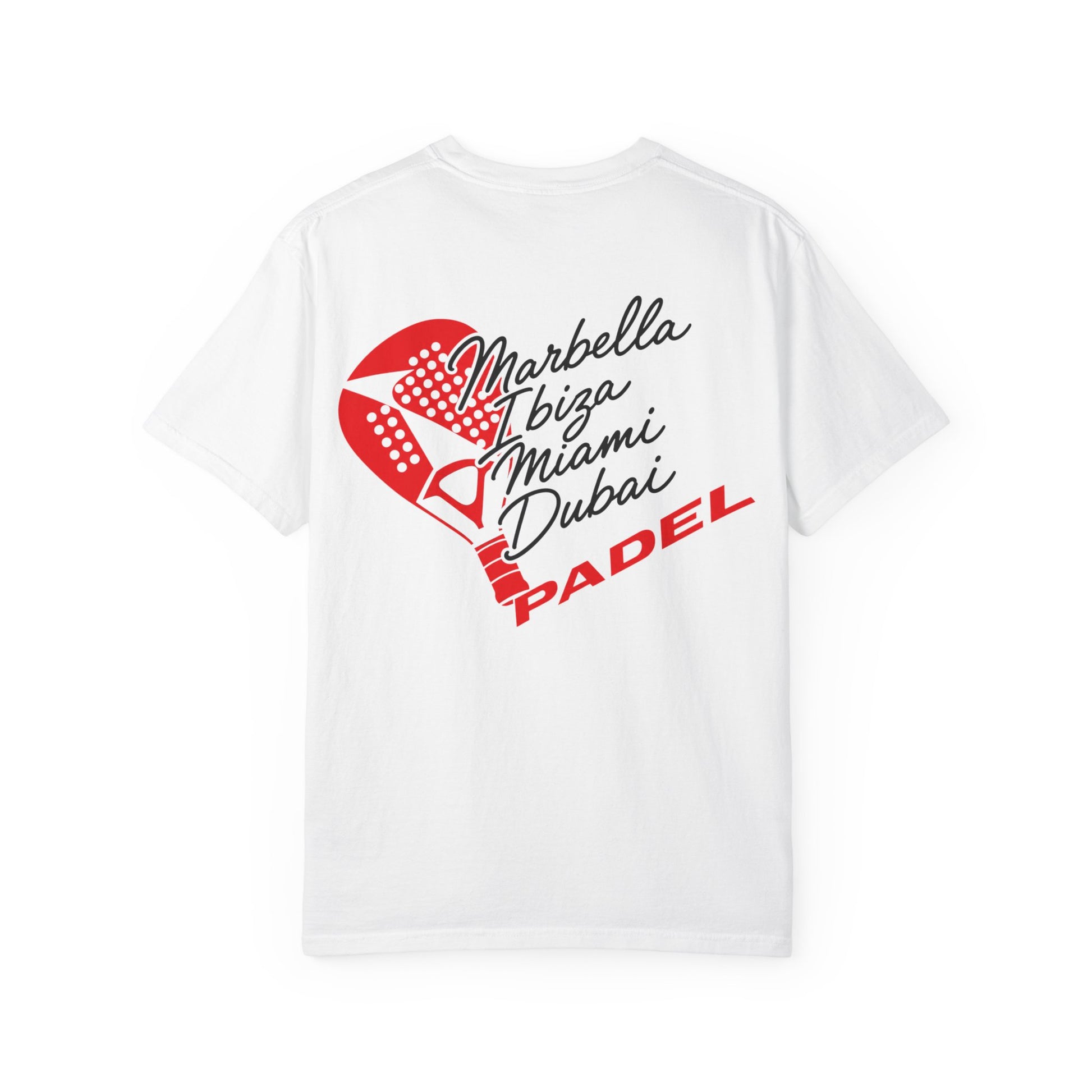 A white short-sleeve t-shirt with a graphic print on the back. The graphic features a red padel racket and a red pattern containing the words 'Marbella Ibiza Miami Dubai' in black script, with 'PADEL' written in red block letters at the bottom.