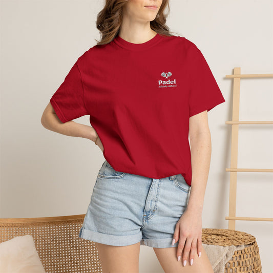 Woman wearing red Officially Addicted Tee — Padel Officially Addicted chest print — Rally Cove