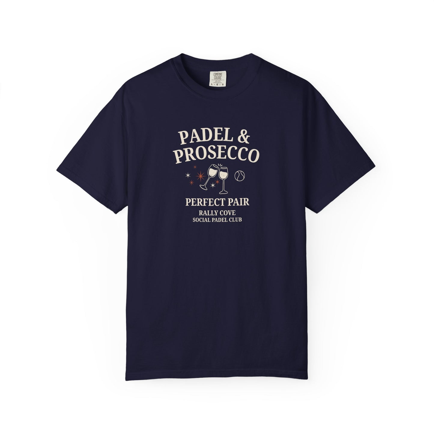 Navy blue t-shirt with a Padel & Prosecco slogan on the chest in white