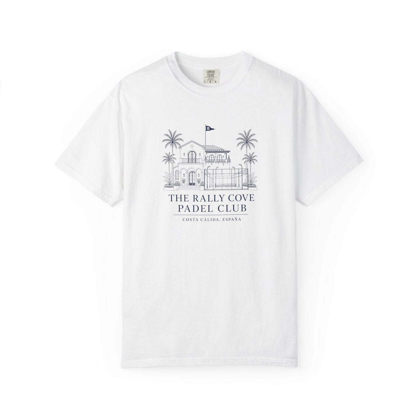 White t-shirt with a clubhouse blueprint graphic and 'The Rally Cove Padel Club' text on a white background