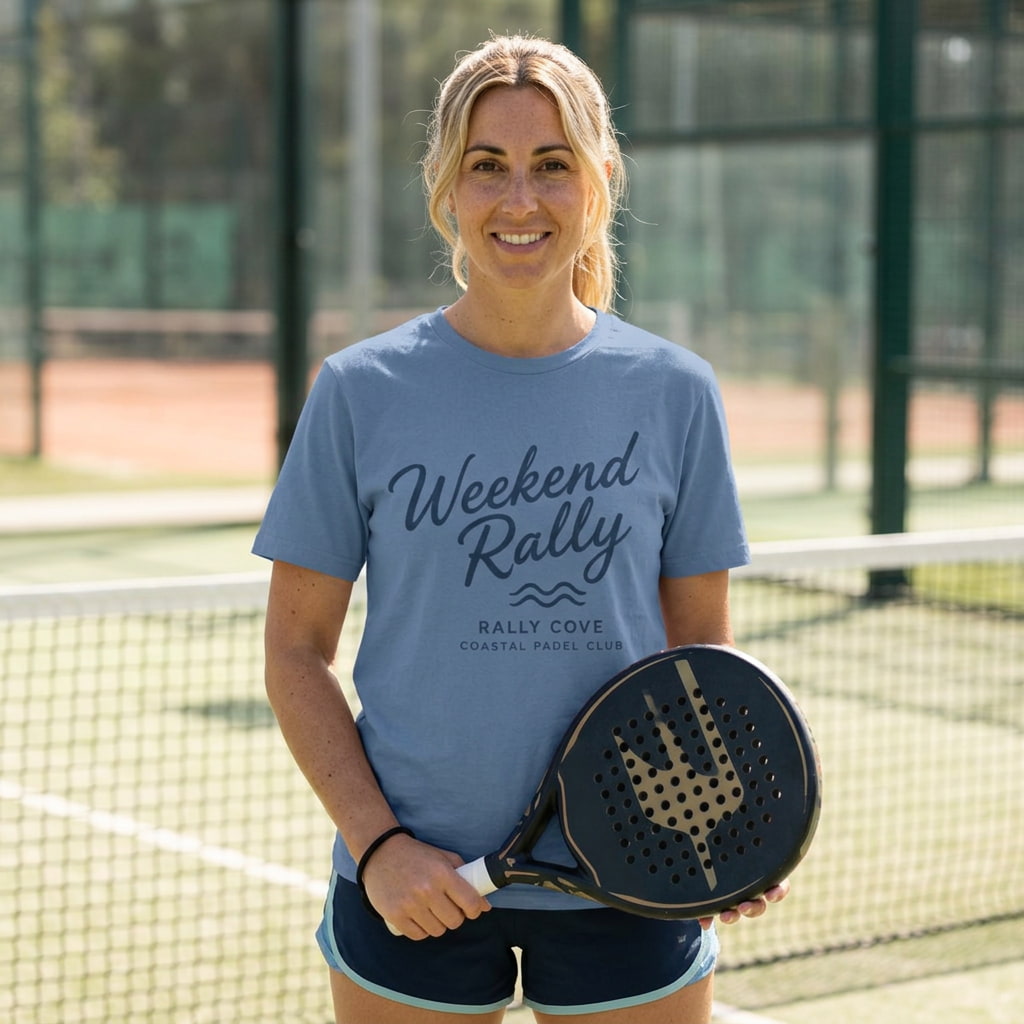A smiling blonde woman stands on a padel court holding a black padel racket, wearing a light blue graphic t-shirt that reads 'Weekend Rally' and 'RALLY COVE COASTAL PADEL CLUB'.