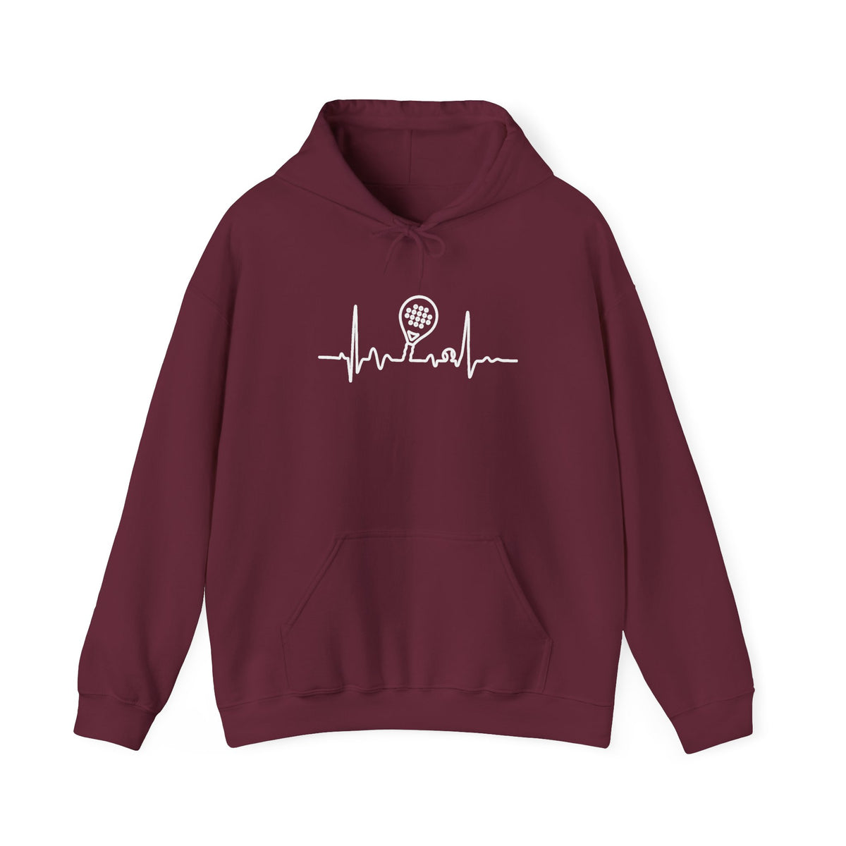 Maroon hoodie with ECG Heartbeat line padel graphic on a white background