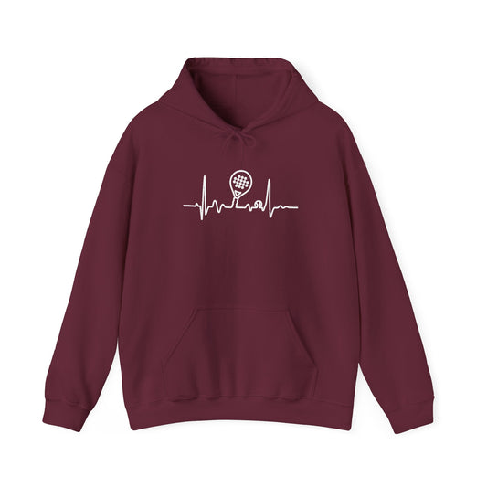 Maroon hoodie with ECG Heartbeat line padel graphic on a white background