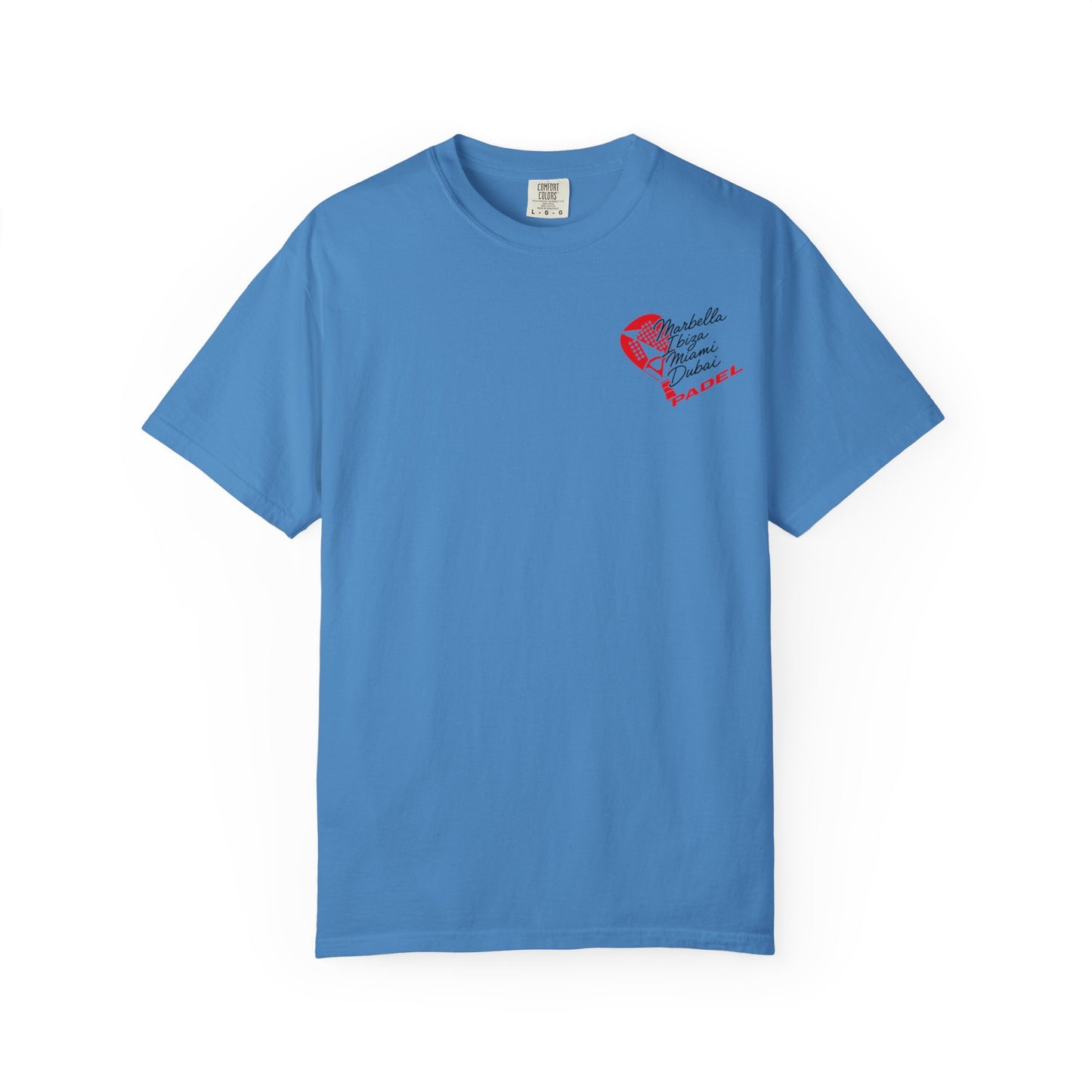 A light blue short-sleeve crewneck t-shirt with a small red and black padel graphic on the left chest, displayed flat against a blue background.