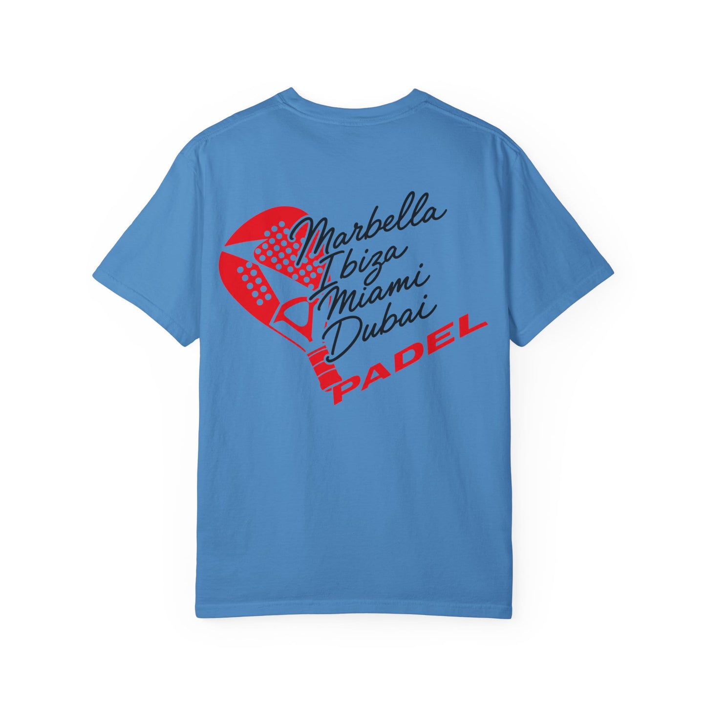 A light blue short-sleeve t-shirt with a graphic on the front featuring a red heart made of a padel racket and the text 'Marbella Ibiza Miami Dubai' in black script and 'PADEL' in red.