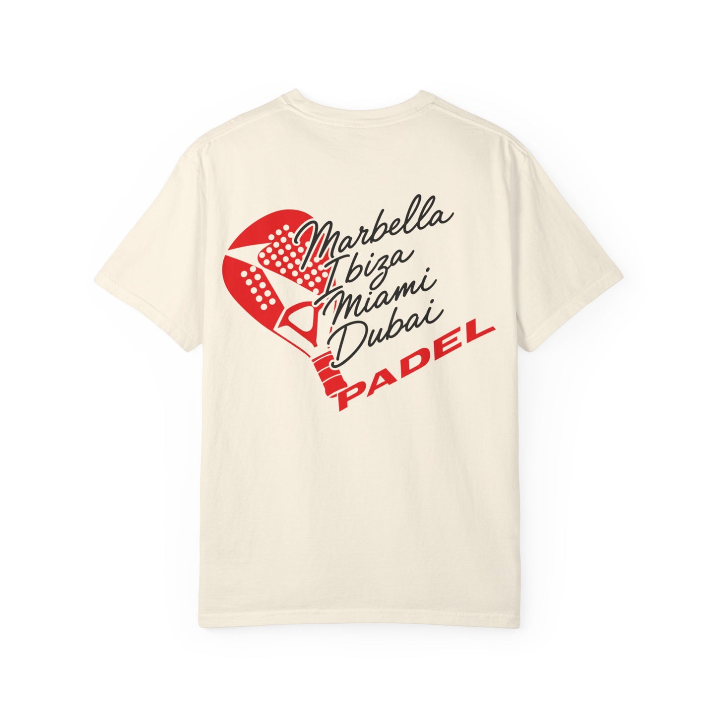 An off-white short-sleeve t-shirt with a graphic on the back featuring a red padel racket and the text 'Marbella + Ibiza + Miami + Dubai + PADEL' in black and red script.