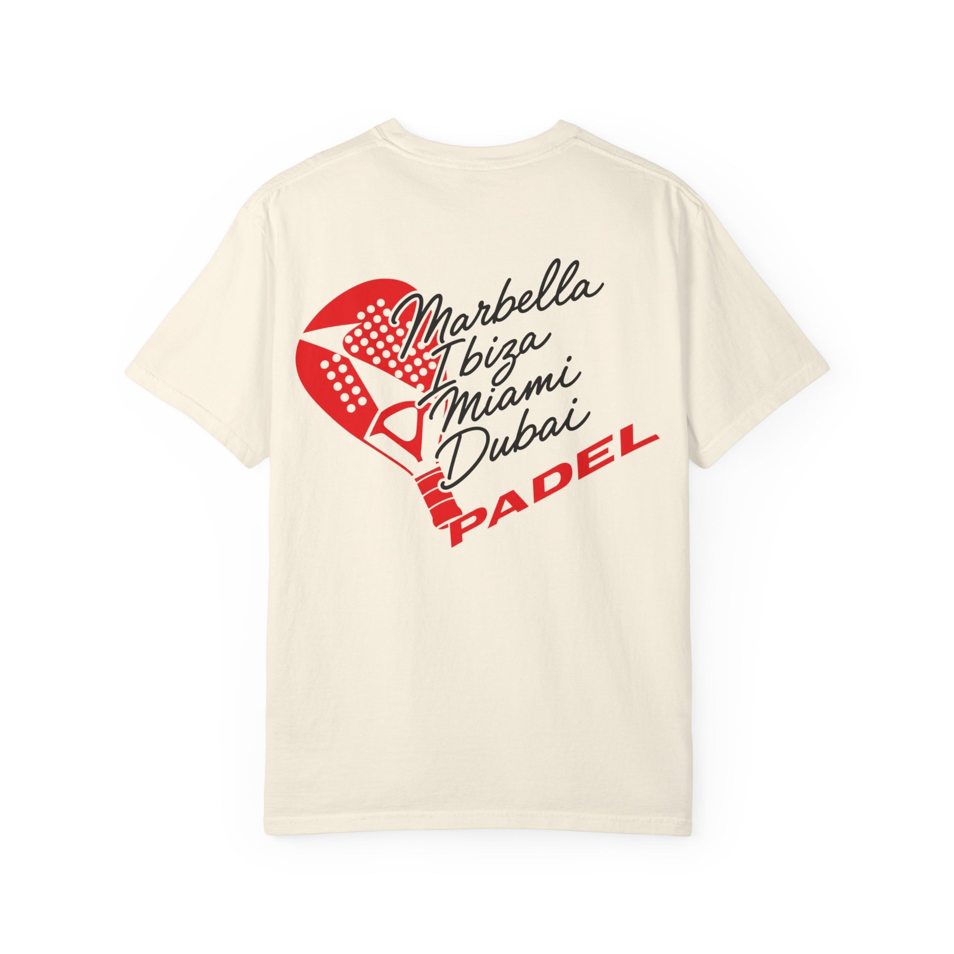 An off-white short-sleeve t-shirt with a graphic on the back featuring a red padel racket and the text 'Marbella + Ibiza + Miami + Dubai + PADEL' in black and red script.