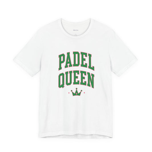 A white short-sleeve crewneck t-shirt featuring a green graphic print on the front that reads 'PADEL QUEEN' in an arched collegiate font, with a small green crown and red stars underneath.