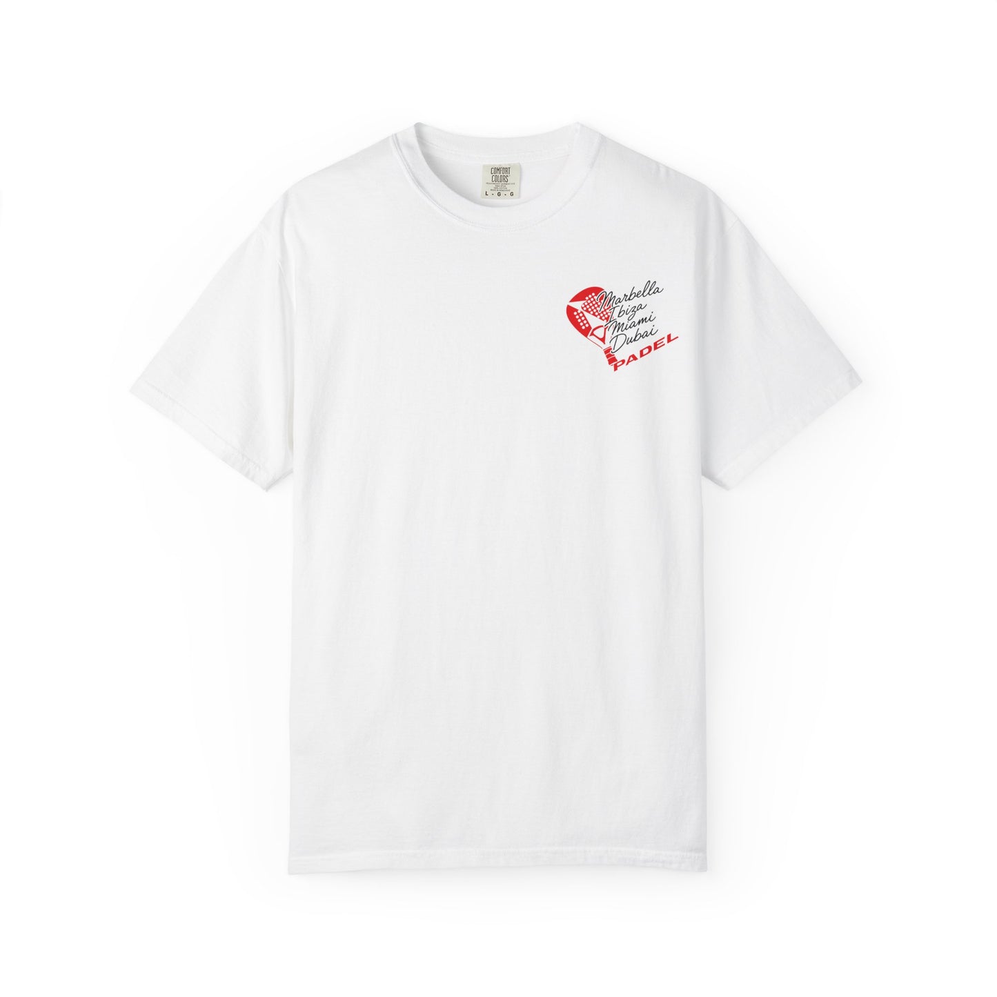A white short-sleeve crewneck t-shirt with a small red and black padel graphic on the left chest, displayed against a solid white background.