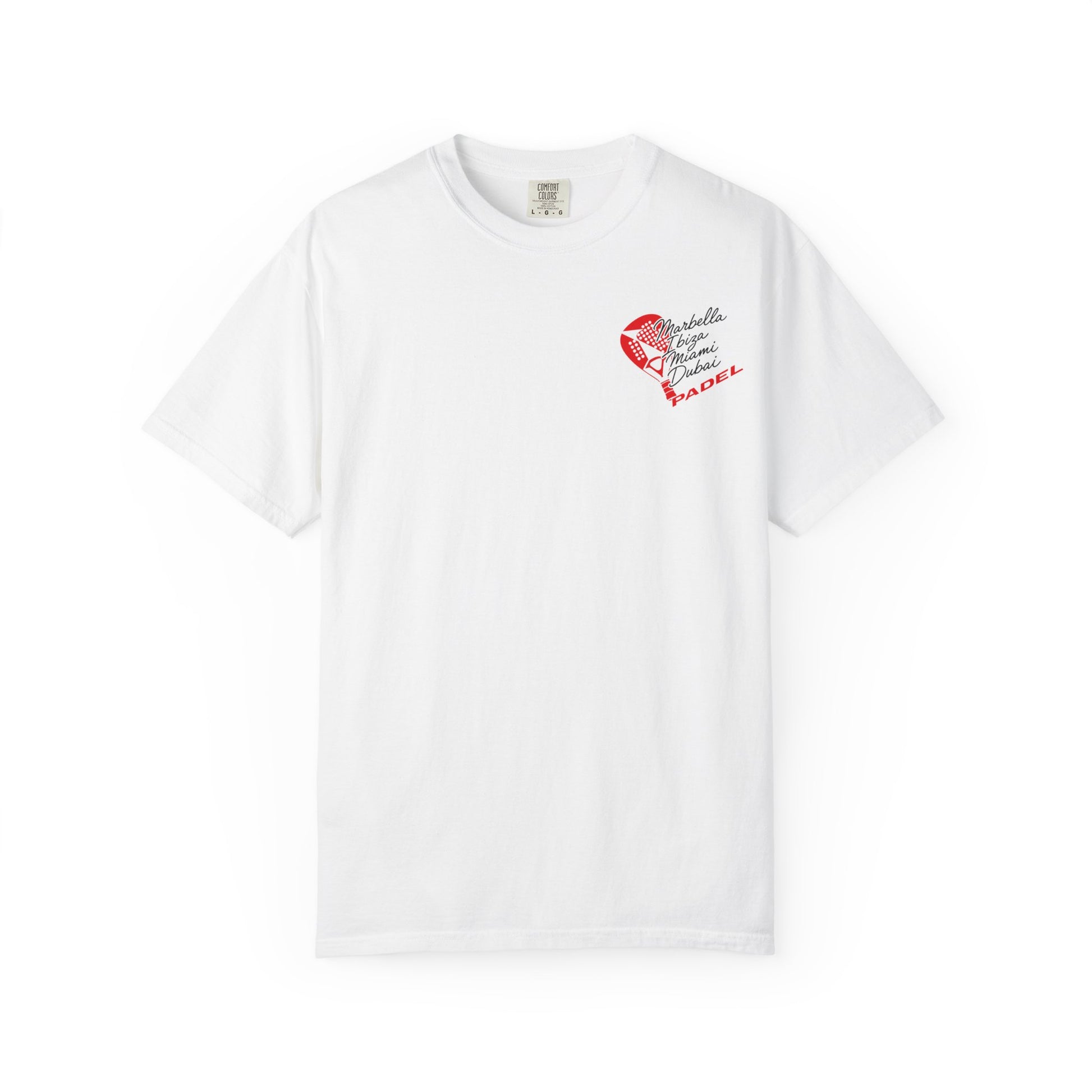 A white short-sleeve crewneck t-shirt with a small red and black padel graphic on the left chest, displayed against a solid white background.