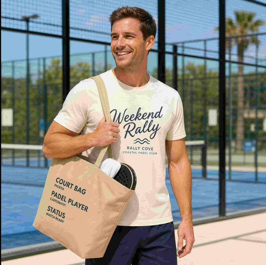 A smiling man on a sunny outdoor tennis court carries a beige canvas tote bag over his shoulder. The tote bag has black printed text including 'COURT BAG', 'PADEL PLAYER', and 'STATUS MATCH READY'.